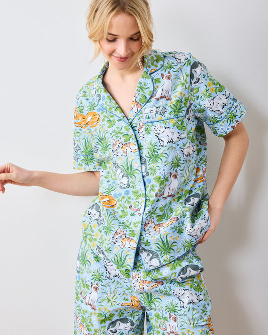 Must Love Cats - Short Sleeve Top & Cropped Pants Set - Cornflower