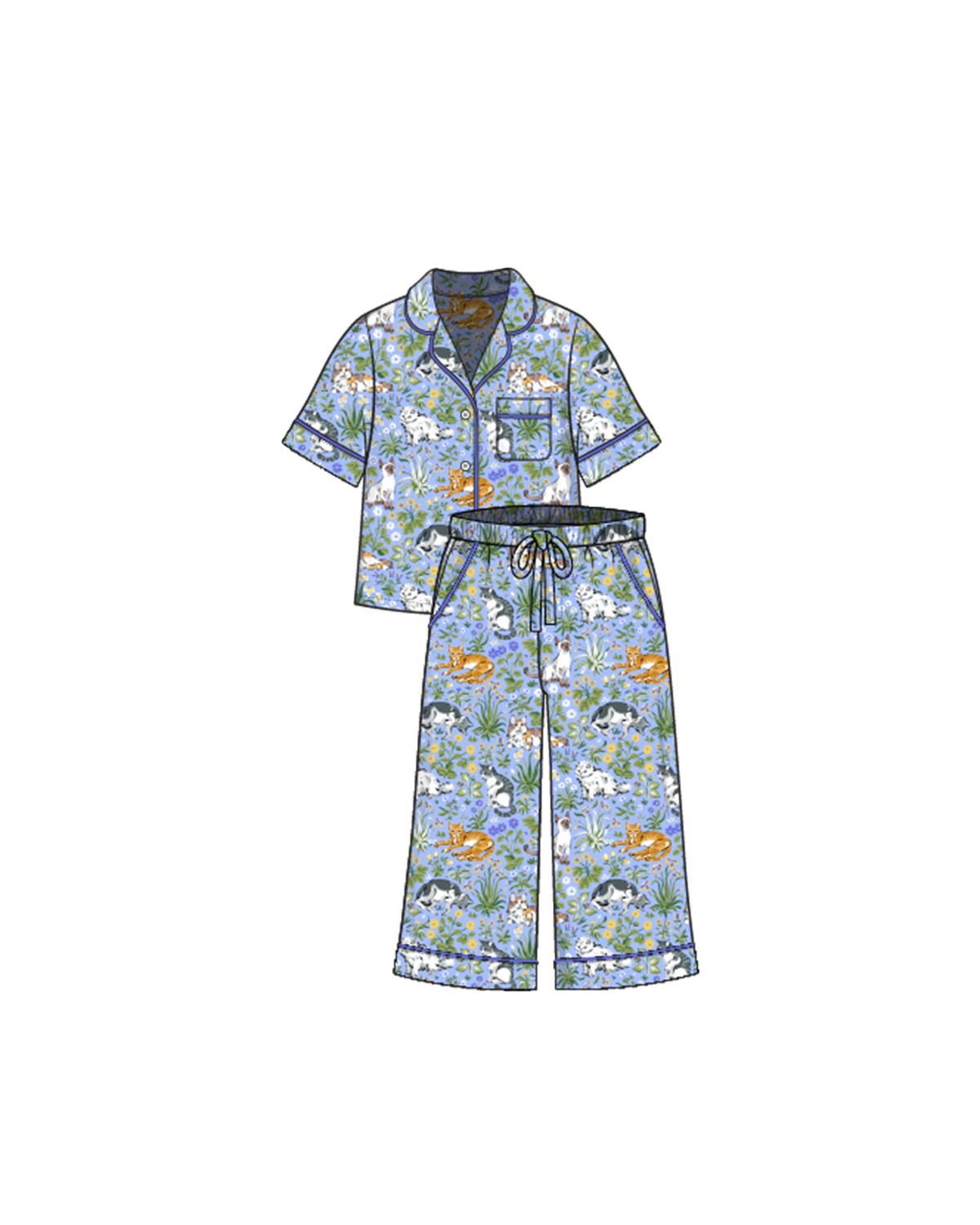 Must Love Cats - Short Sleeve Top & Cropped Pants Set - Cornflower