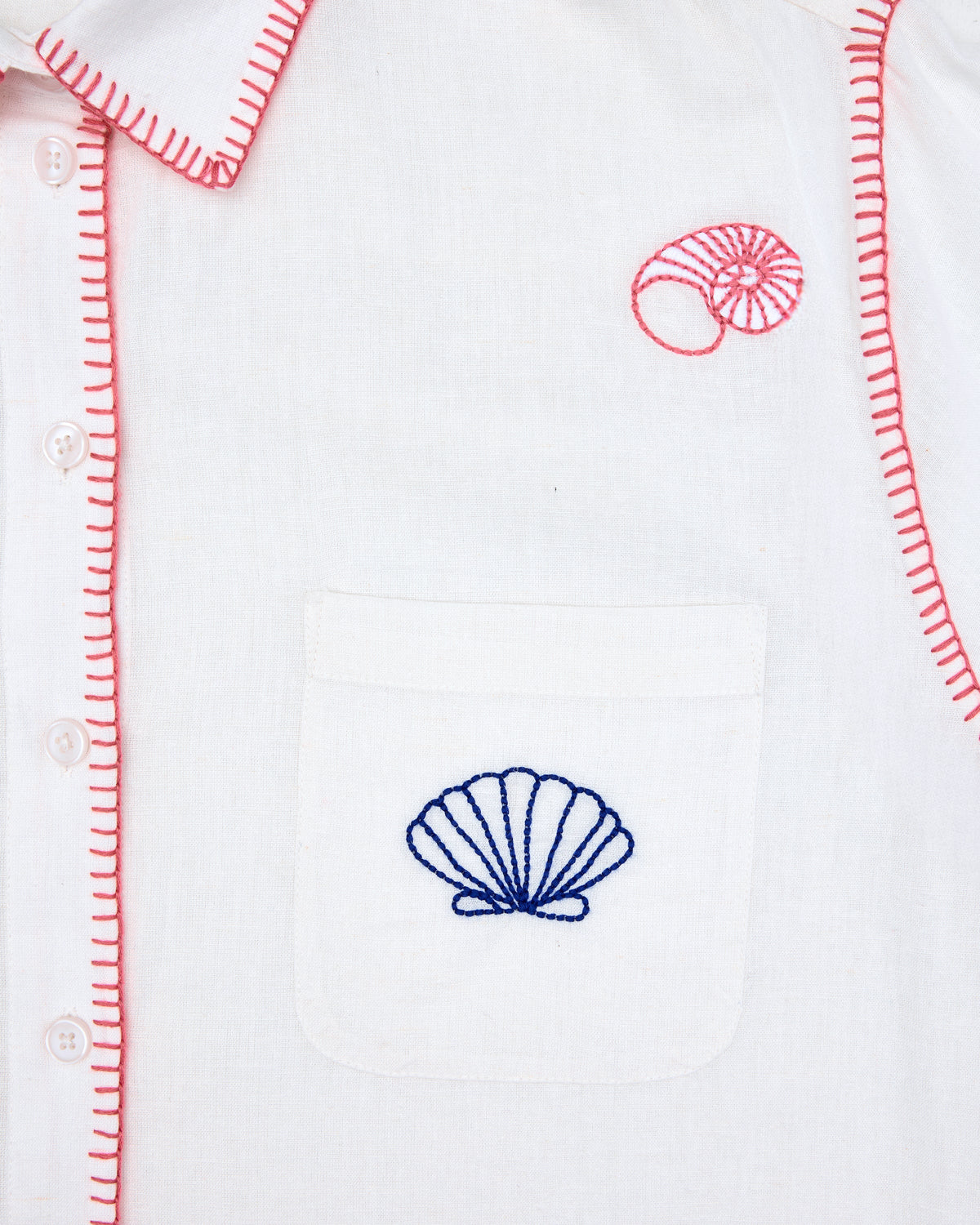 Embroidered Shells - Linen Everyday Button Down - Cloud