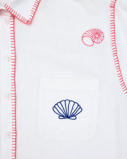 Embroidered Shells - Linen Everyday Button Down - Cloud