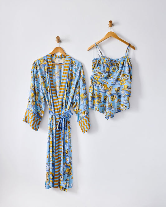 Palm Royale Pooches - Eco Satin Robe & Sydney Set Bundle - Cerulean Splash