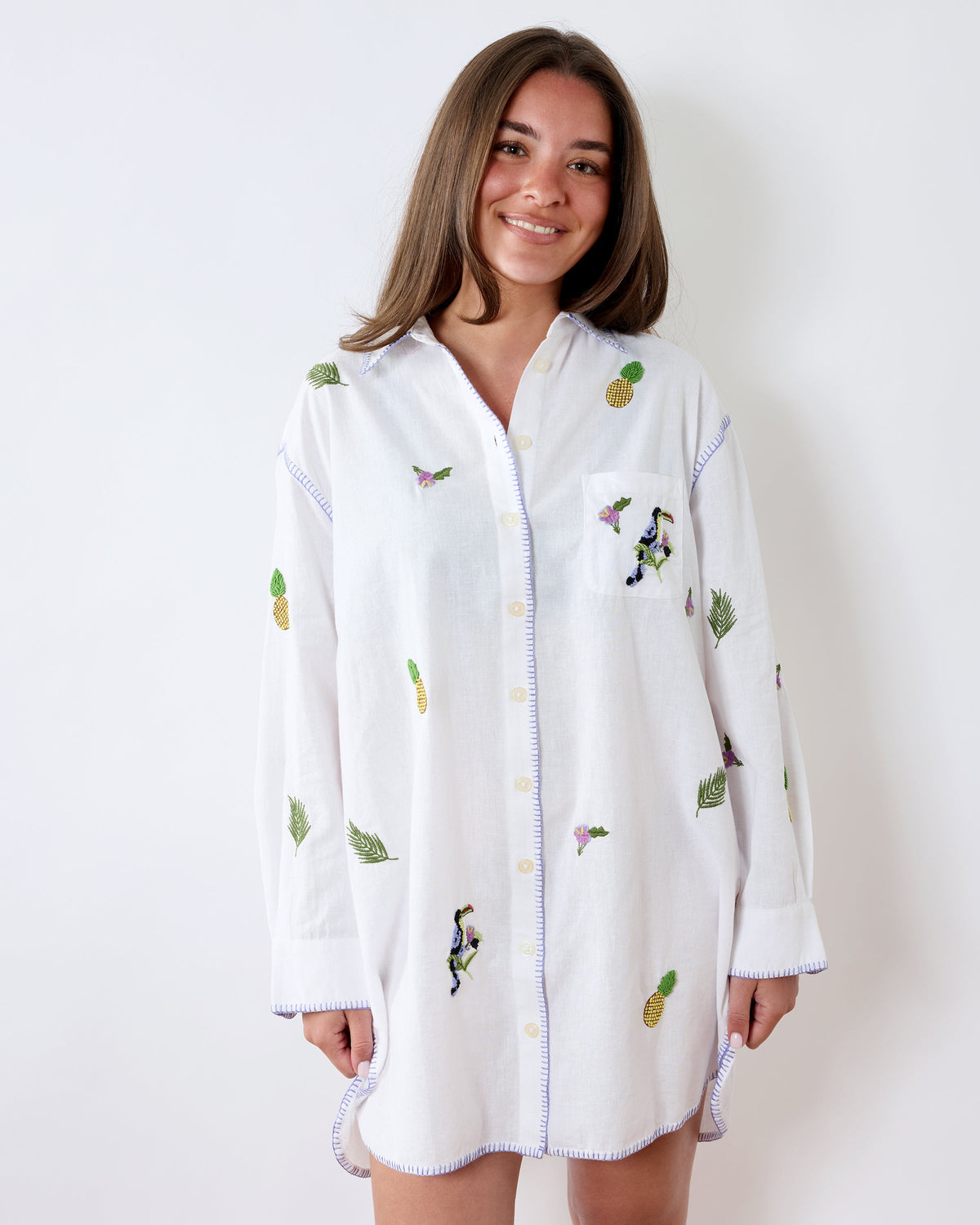 Embroidered Pineapple Toucan - Cotton Linen Everyday Button Down - Cloud