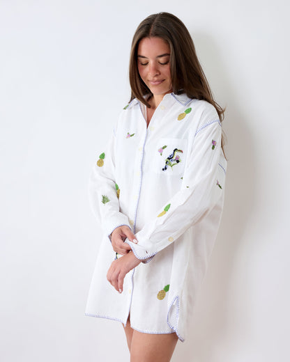 Embroidered Pineapple Toucan - Cotton Linen Everyday Button Down - Cloud