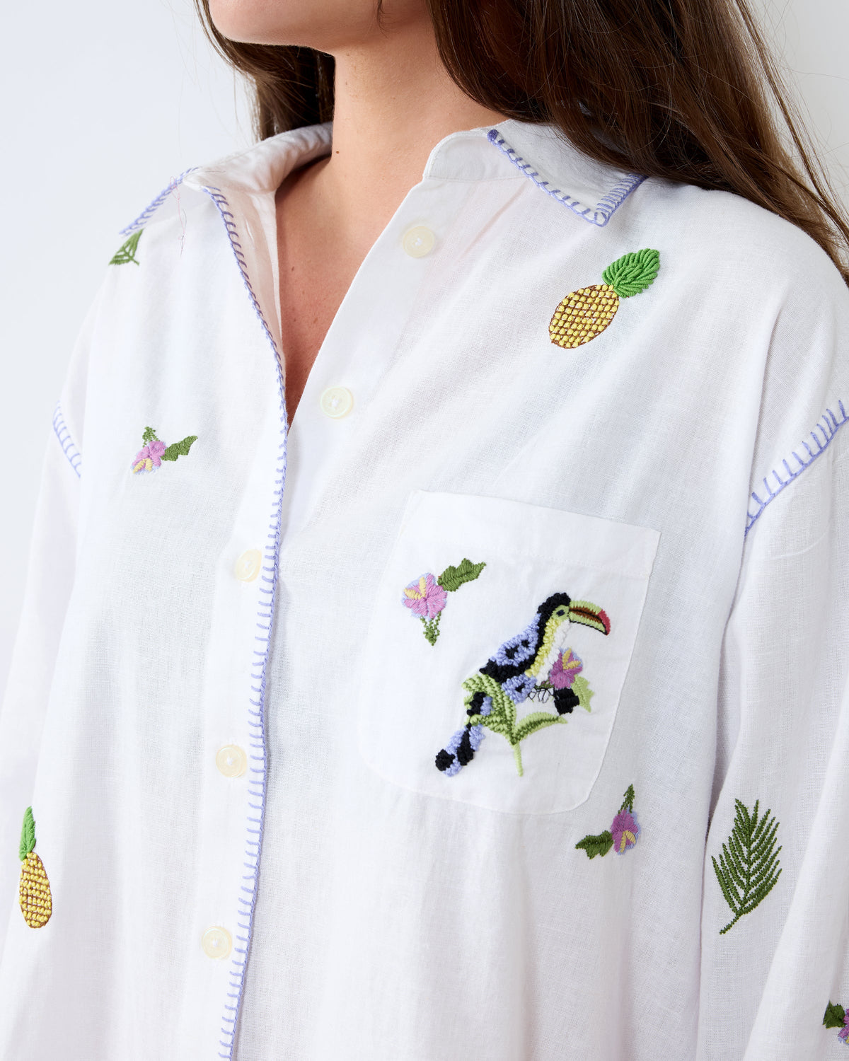 Embroidered Pineapple Toucan - Cotton Linen Everyday Button Down - Cloud