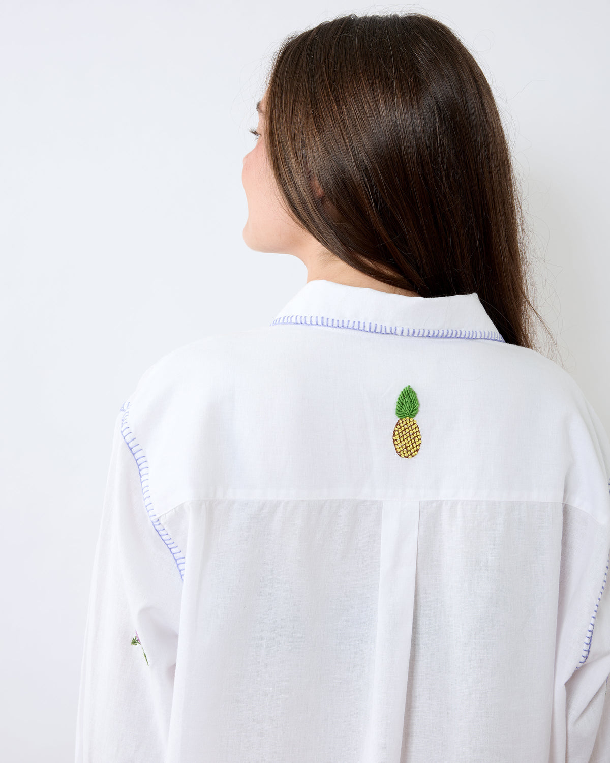Embroidered Pineapple Toucan - Cotton Linen Everyday Button Down - Cloud