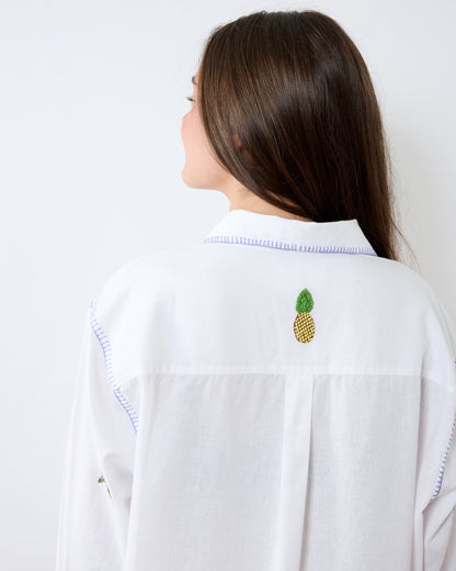 Embroidered Pineapple Toucan - Cotton Linen Everyday Button Down - Cloud