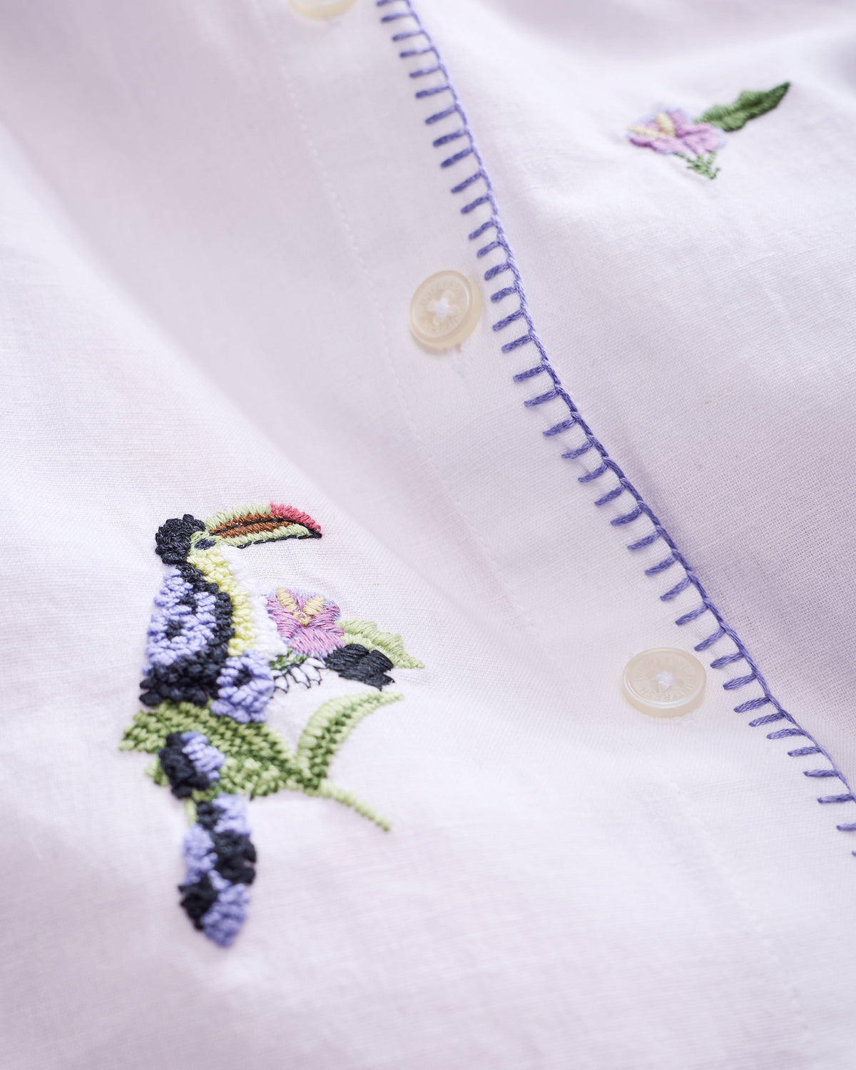 Embroidered Pineapple Toucan - Cotton Linen Everyday Button Down - Cloud