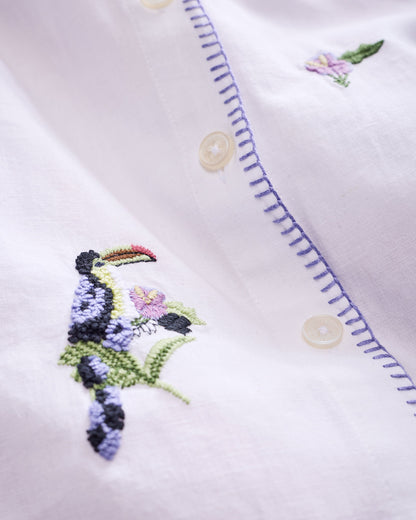 Embroidered Pineapple Toucan - Cotton Linen Everyday Button Down - Cloud