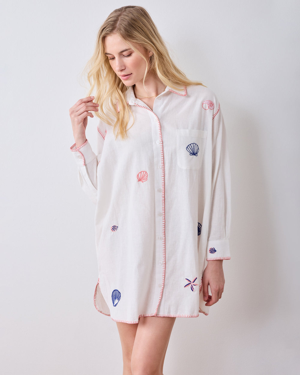 Embroidered Shells - Linen Everyday Button Down - Cloud