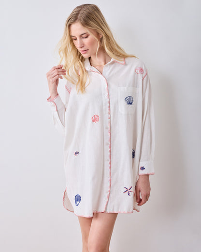 Embroidered Shells - Linen Everyday Button Down - Cloud