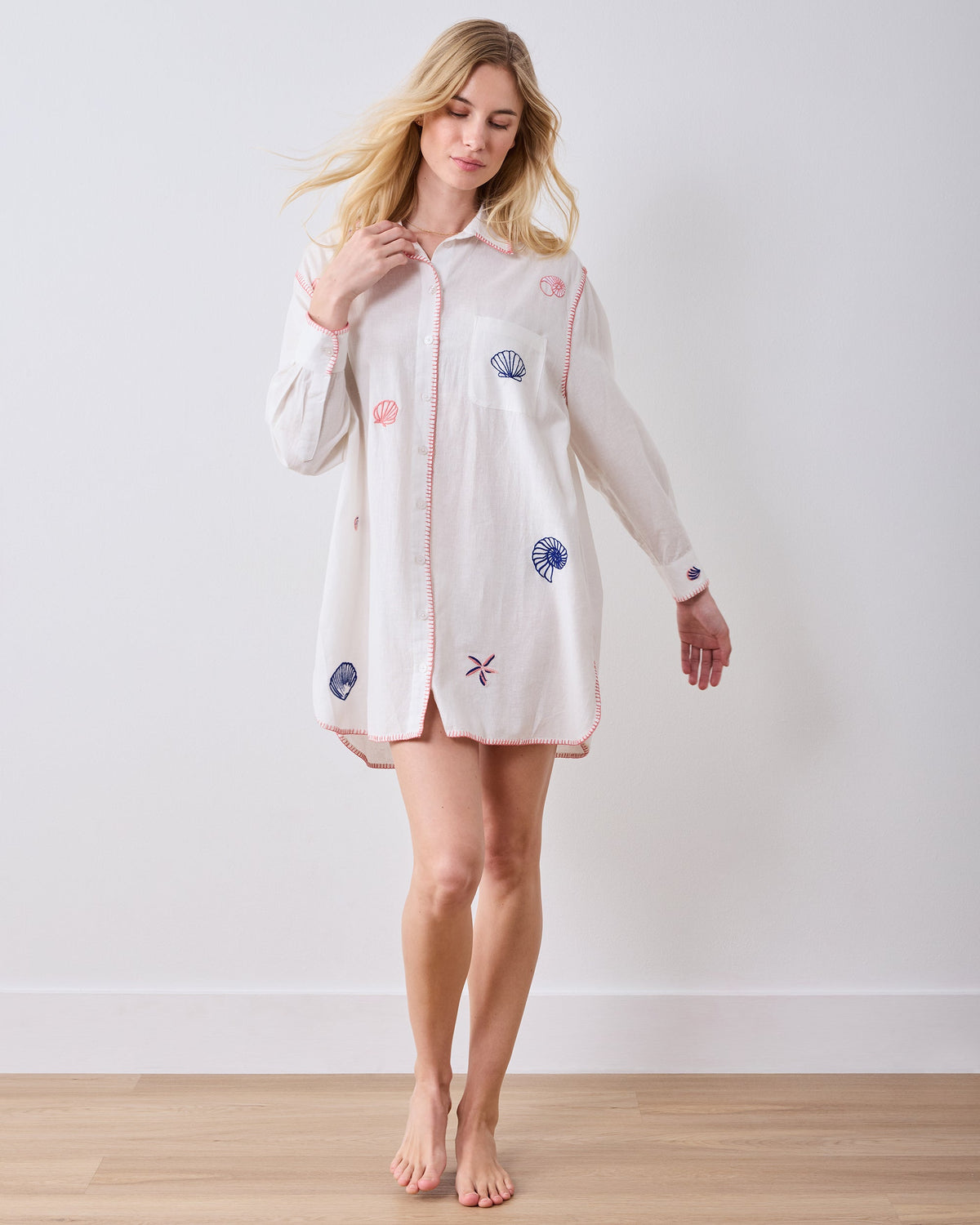 Embroidered Shells - Linen Everyday Button Down - Cloud