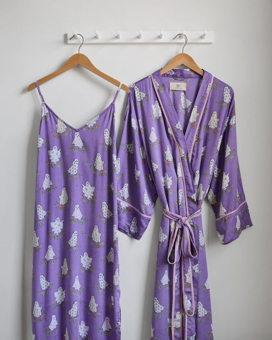 Gardening Ghosts - Eco Satin Robe & Chic to Sleep Nightie Bundle - Eerie Amethyst