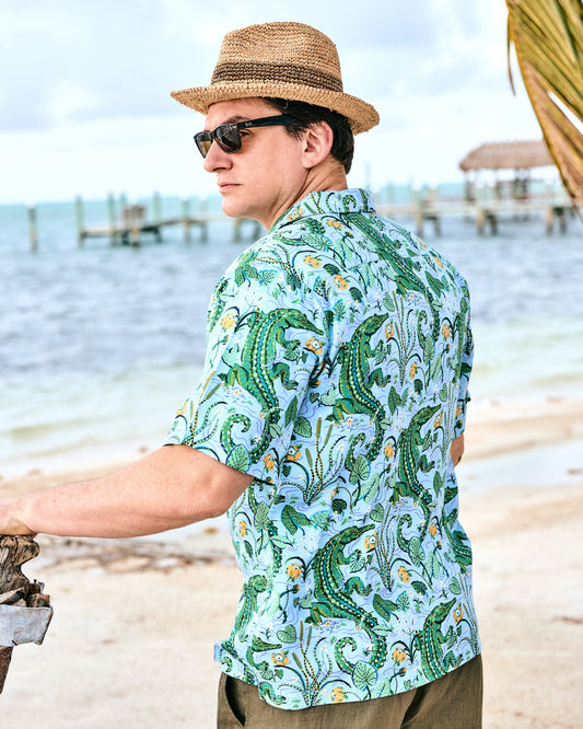Gator Grove - Eco Satin Vacation Camp Shirt - Blue Lagoon