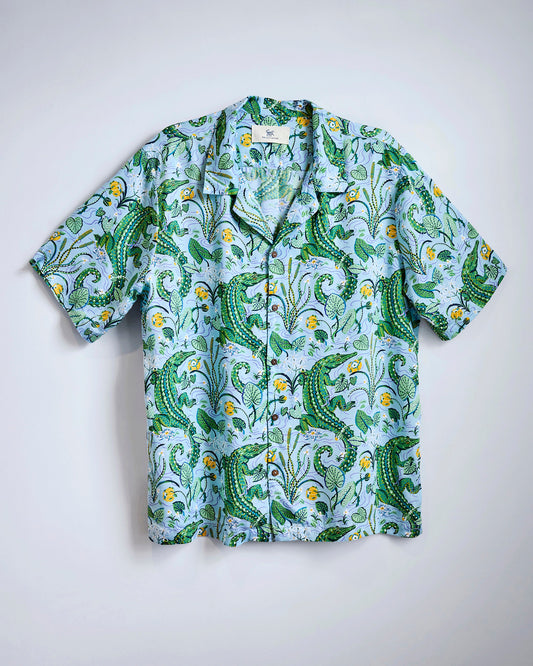 Gator Grove - Eco Satin Vacation Camp Shirt - Blue Lagoon